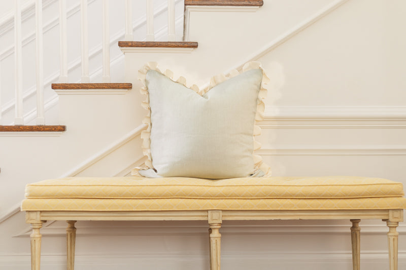 Yellow Fortuny Style Fabric Pillow with Pleated Ribbon Accent