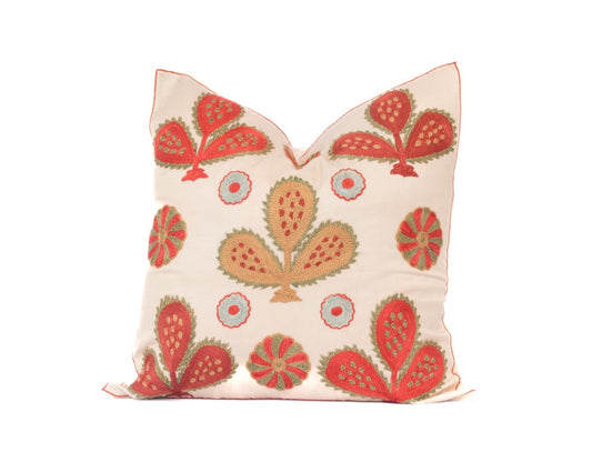 Gold and Red  and Turquoise Floral Embroidered 20" Pillow