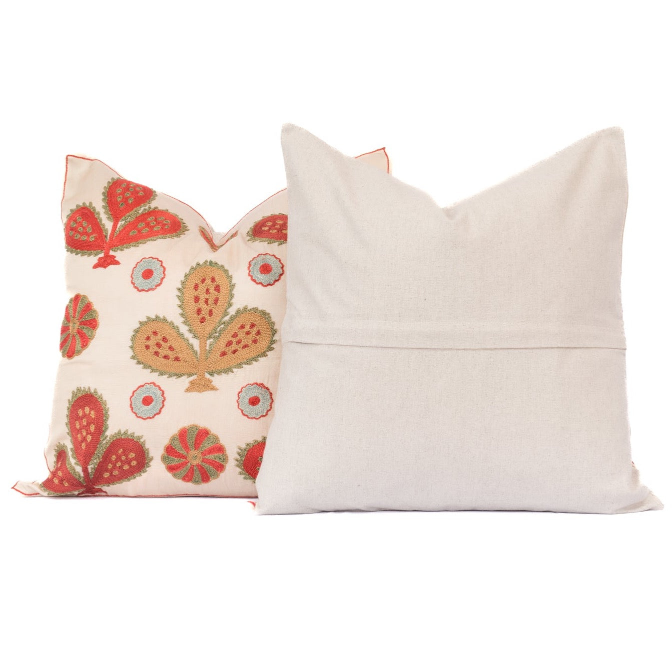 Gold and Red  and Turquoise Floral Embroidered 20" Pillow