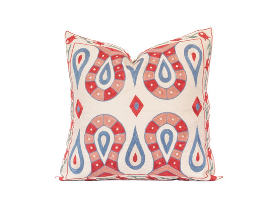 Red Blue Embroidered 22" Pillow
