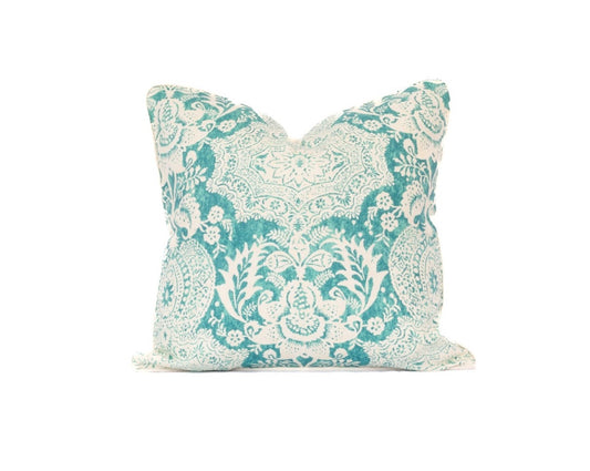 Turquoise Printed Linen Pillow 22"