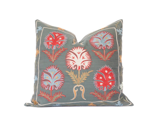 Slate Floral Embroidered Pillow 20"